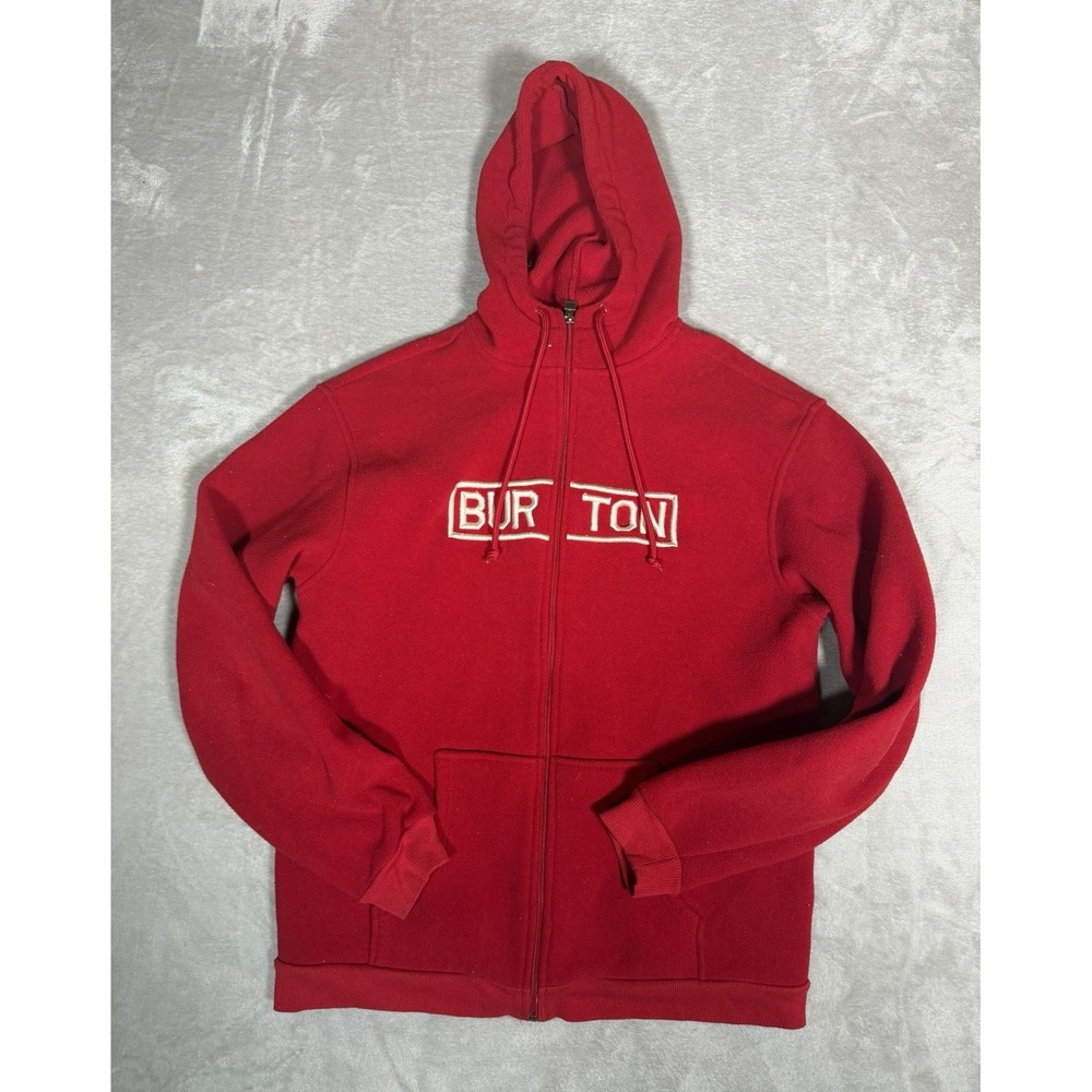 Burton Men's L Red Cotton Blend Fleece Full Zip Hooded Hoodie Pockets Solid